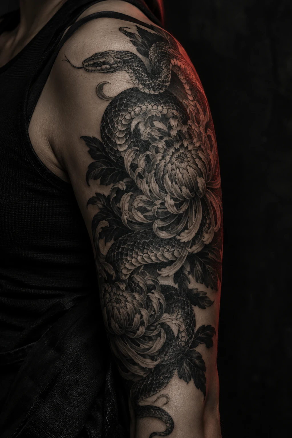 Illustratives Schlangentattoo mit einer Chrysantheme